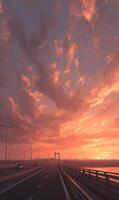Bridge At Sunset Road Trip with Dramatic Sky Colors Peaceful and Serene Journey over Water with photo