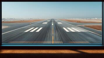 Airport Runway View From Terminal Window With Blurred Motion and Clear Blue Sky for Travel photo