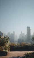 Urban rooftop garden with cityscape view and tranquil atmosphere in misty morning light reveals photo