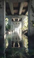Underneath a concrete bridge reflecting on tranquil water surface nature scenic perspective photo