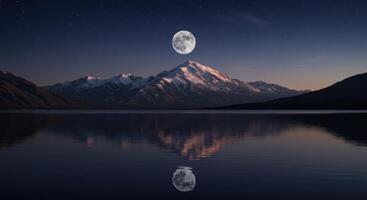 Majestic mountain range under full moon night reflected on still waters creates a serene and tranquil nature landscape photo