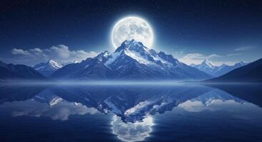 Dramatic mountain landscape under the full moon reflecting in still water at night offering a tranquil scene photo