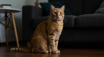 Beautiful ginger tabby cat sitting indoors looking at camera with piercing eyes in a minimalist home setting photo