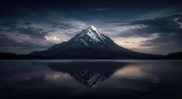 Majestic snow capped mountain peak reflects in a serene lake under the starry night sky landscape evoking peace photo