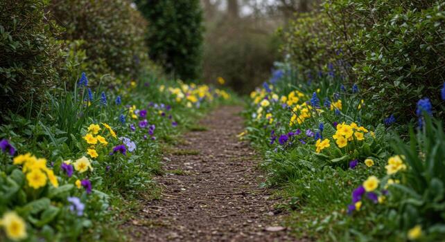Discover a scenic footpath lined with colorful wildflowers including primroses and bluebells in a natural spring setting photo