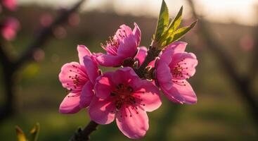 Pink peach blossoms bathed in golden sunlight evoke the freshness of springtime in a vibrant closeup photo