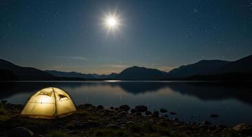 Night camping adventure with illuminated tent under starry sky moonlight reflecting on serene lake with mountain backdrop photo