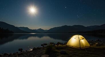 Camping tent glows under the starlit night sky with mountains reflected in the tranquil lake offering a serene escape photo