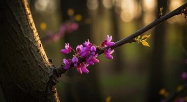 Delicate purple eastern redbud flowers blooming on a branch in golden hour light show springtime beauty and natural growth photo