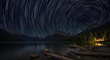 Stunning star trails illuminate a serene lakeside mountain landscape with a glowing cabin under the night sky photo