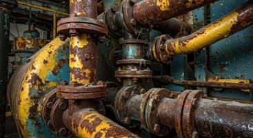 Detailed abstract of rusted industrial pipes showcases corrosion and decay in vivid colors photo