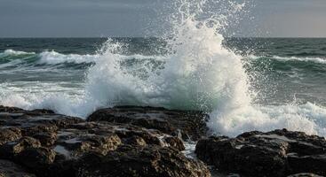 Ocean wave powerfully crashes against dark rocks creating a dynamic coastal seascape of natures energy photo