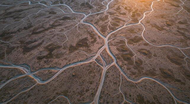 Drone view captures a breathtaking river delta landscape displaying intricate natural textures and serene environmental patterns photo