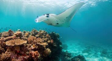 Graceful manta ray gliding above a thriving coral reef showcasing the beauty of underwater marine wildlife in the ocean photo
