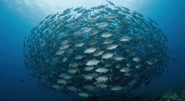 A large school of silver jack fish forms a mesmerizing vortex in the clear blue ocean near a colorful coral reef system photo