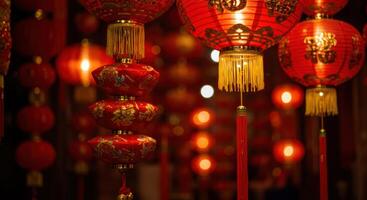 Vibrant red Chinese lanterns glow illuminating ornate designs symbolizing celebration and prosperity photo