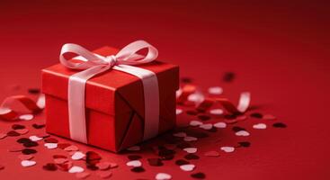A beautiful red gift box with pink ribbon and heart shaped confetti on a matching red background photo