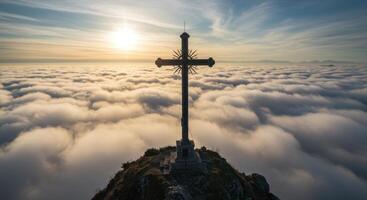 Majestic summit cross pierces through ethereal cloudscape symbolizing faith hope and the serene beauty of the mountains at dusk photo