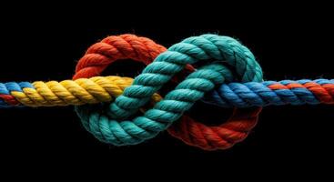 Vibrant colorful rope knot showcases strength connection and design element with yellow turquoise and orange tones against black background photo