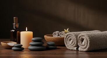 Serene spa scene featuring zen stones aromatherapy candle and soft towels for a peaceful wellness and relaxation retreat photo