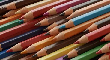 Macro photograph showcasing a vibrant collection of assorted colored pencils perfect for art and educational themes photo