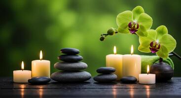 Zen stones and orchid flower with candles for meditation relaxation wellness and peaceful spa atmosphere photo
