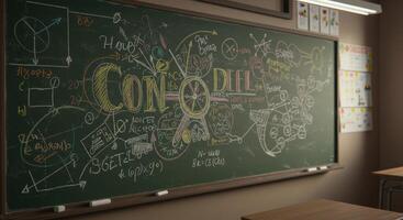 Vibrant chalkboard displays complex math and science equations perfect for education and conceptual visuals photo