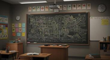 Vintage style classroom showcases a chalkboard filled with detailed drawings and equations creating an inspiring learning environment photo