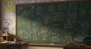 Charming classroom chalkboard scene brimming with colorful childrens drawings and playful educational elements photo