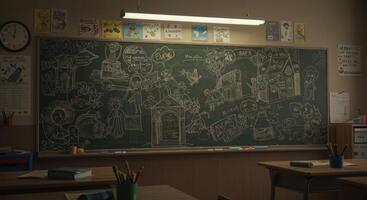 Whimsical drawings on a classroom chalkboard and artwork evoke a creative and playful atmosphere photo