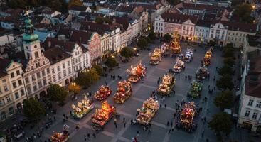 Festive floats illuminate european city square during night parade bringing people together for a vibrant celebration photo
