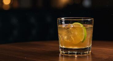Delicious golden cocktail with ice and a lime slice sitting on a beautiful wooden surface photo