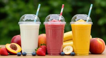 Refreshing fruit smoothies in vibrant colors offer a healthy and delicious drink for a nutritious start or midday boost photo