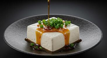 Close up of silken tofu with sauce and onions on a black plate in a studio setting ready to eat photo