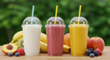 Colorful fruit smoothies offer a healthy and refreshing treat with fresh strawberry kiwi banana peach blackberry and blueberry photo
