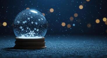 Enchanting snow globe with shimmering snowflakes creates a magical winter holiday scene with bokeh lights and festive atmosphere photo