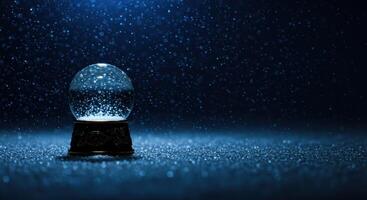 Enchanting snow globe shimmers with magic capturing winter holiday spirit in a festive blue celebration photo