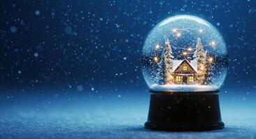 Charming snow globe scene with glowing lights and snowy house captures winter holidays and festive Christmas atmosphere photo
