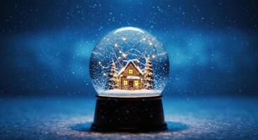 Enchanting winter scene inside a snow globe featuring a quaint house and falling snow for a magical holiday mood photo