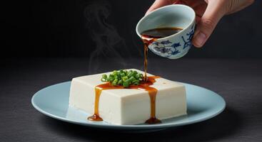 Fresh white tofu with green onions and savory sauce served on a light blue plate photo