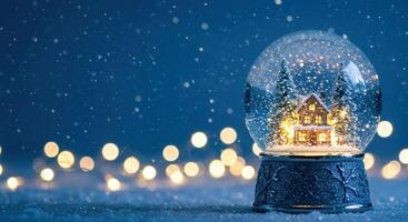 Enchanting winter scene featuring a snow globe with a charming house and trees sparkling with holiday magic photo