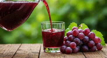 Pouring refreshing grape juice into a clear glass with grapes on a wooden table against green nature backdrop photo