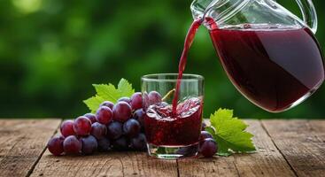 Freshly squeezed red grape juice pours into a glass with ripe grapes on a rustic wooden table photo