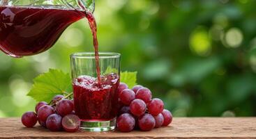 Pouring refreshing grape juice into glass with grapes displaying natural healthy lifestyle and delicious summer drink photo