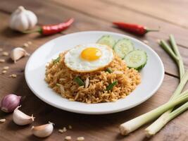 Fried egg on rice with vegetables and garlic on wooden table photo