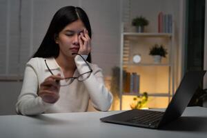 Eye problem. Asian women with tired and irritated eyes, eye rubbing, dry, eye pain after work, migraine, headache, blurred vision, photophobia, working in the dark, blue light from computer screens photo