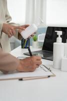 working woman present product for customer, research and development discuss and point weakness and strong of product, investment, marketing, trending products report, findings and idea photo