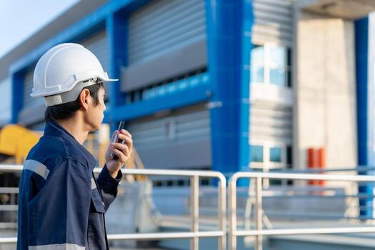 maintenance and inspector. Maintenance engineers are using walky talky to inform the results of inspection of buildings and structures. Irrigation engineers are exploring sluice system. photo
