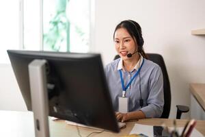 Remote Work and Customer Support. Professional woman with headset engaging in virtual communication. photo