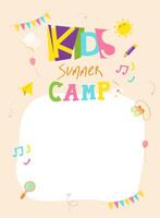 Pastel color summer camp poster for kids featuring fun icons and blank white area for text or message ideal for school event or invitation template vector